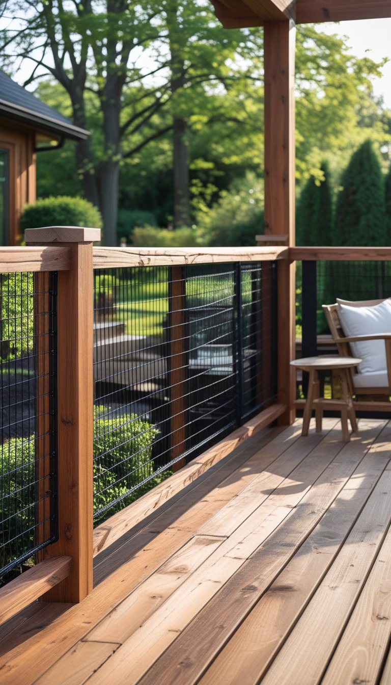 Outdoor wooden deck with black wire railing overlooking a green garden.