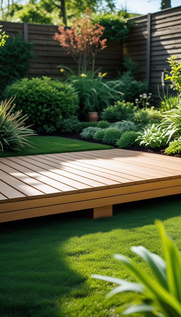 A low-profile wooden floating deck at ground level surrounded by green grass and plants in a backyard.