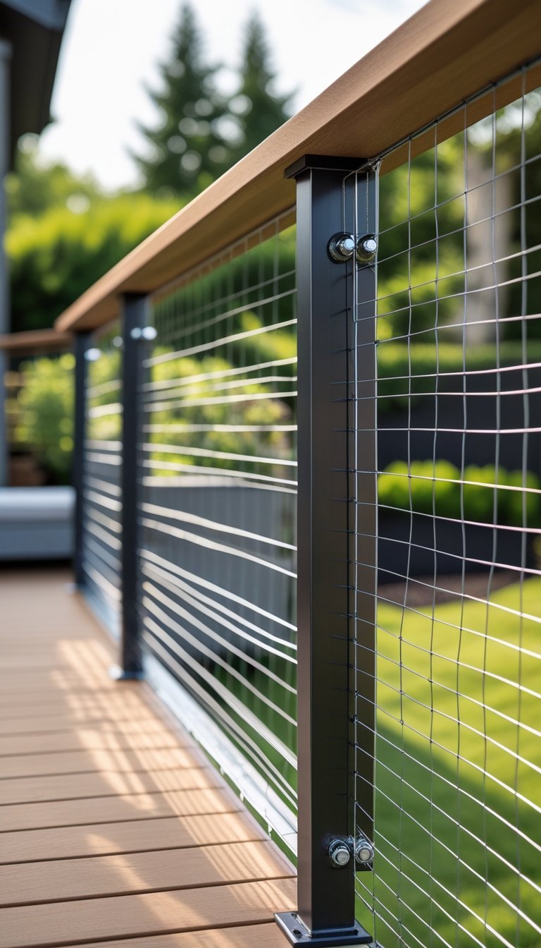 Close-up of a deck railing made with hog wire panels, wooden top rails, and metal posts, overlooking a green backyard garden.