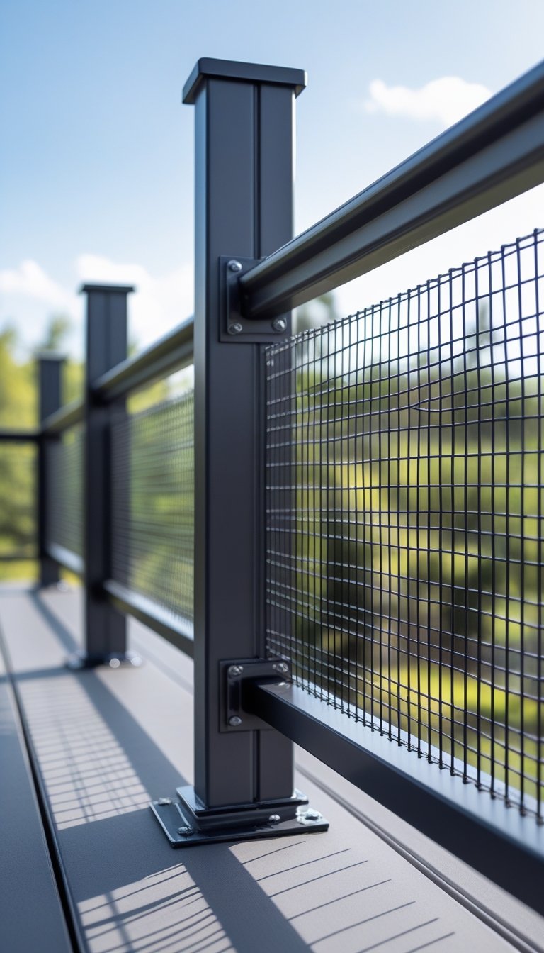 Outdoor deck with steel posts and tight wire mesh railing overlooking a natural landscape.