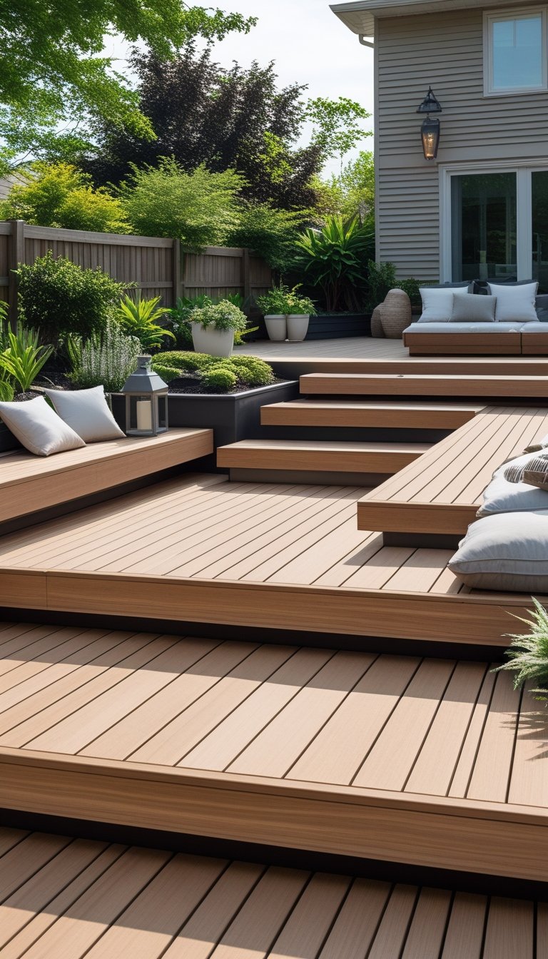 A backyard with a multi-level floating wooden deck featuring built-in seating surrounded by plants.