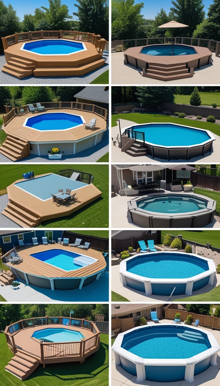 Fourteen different above ground pool decks with various designs and materials, surrounded by greenery and clear skies.