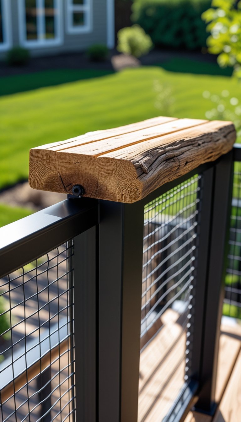 Outdoor deck railing with a black metal frame, wire mesh panels, and a wooden top rail overlooking a backyard.