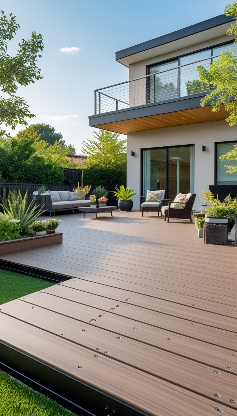 A backyard floating deck made of composite decking with hidden fasteners, surrounded by green plants and outdoor furniture.