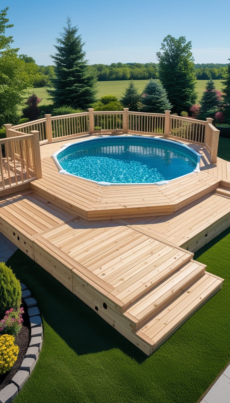 Round above ground swimming pool with a wooden deck kit surrounding it in a backyard with green grass and plants.