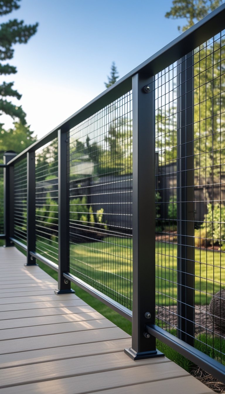 A deck railing with black wire mesh overlooking a green backyard with trees under a clear sky.