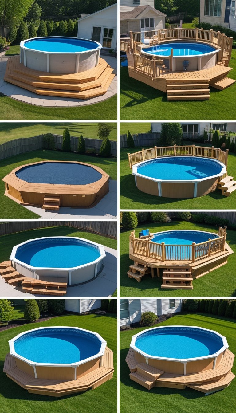 Outdoor scene showing fourteen above ground pools each surrounded by different wooden decks in a sunny backyard.