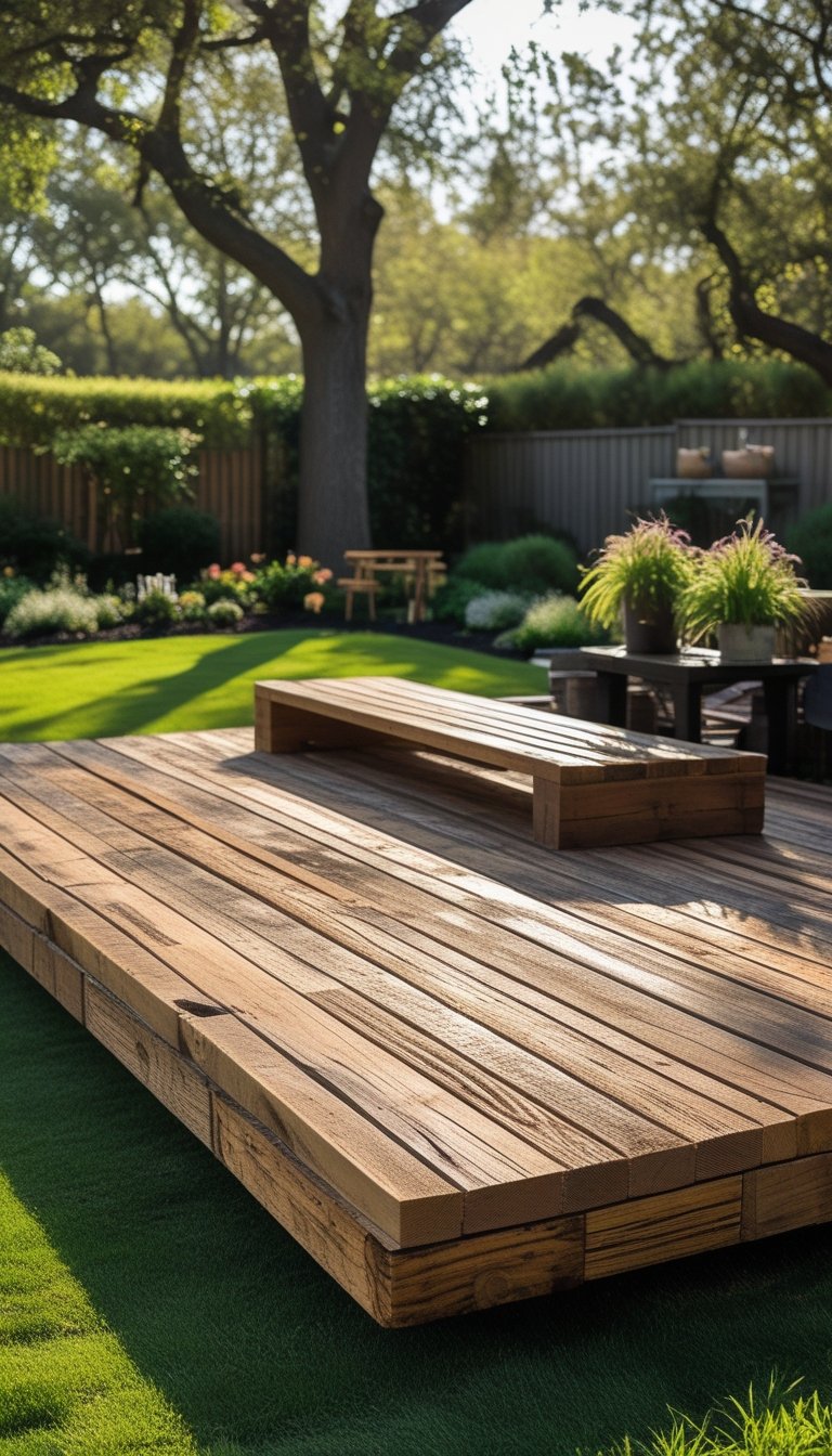 A backyard with a rustic wooden floating deck surrounded by green grass, trees, and garden plants.