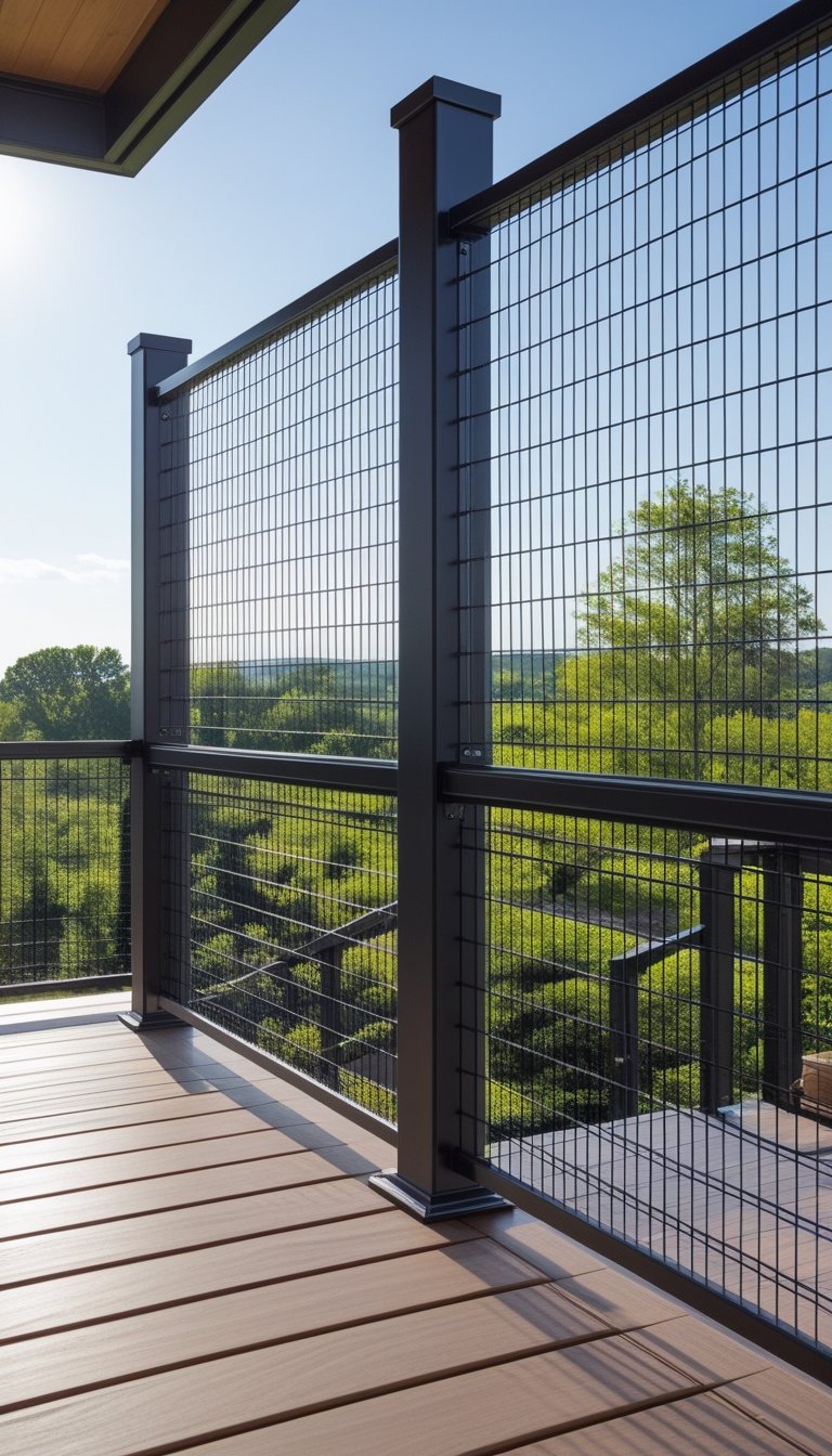 Outdoor deck with wooden floor and wide mesh wire railing overlooking green trees and clear sky.