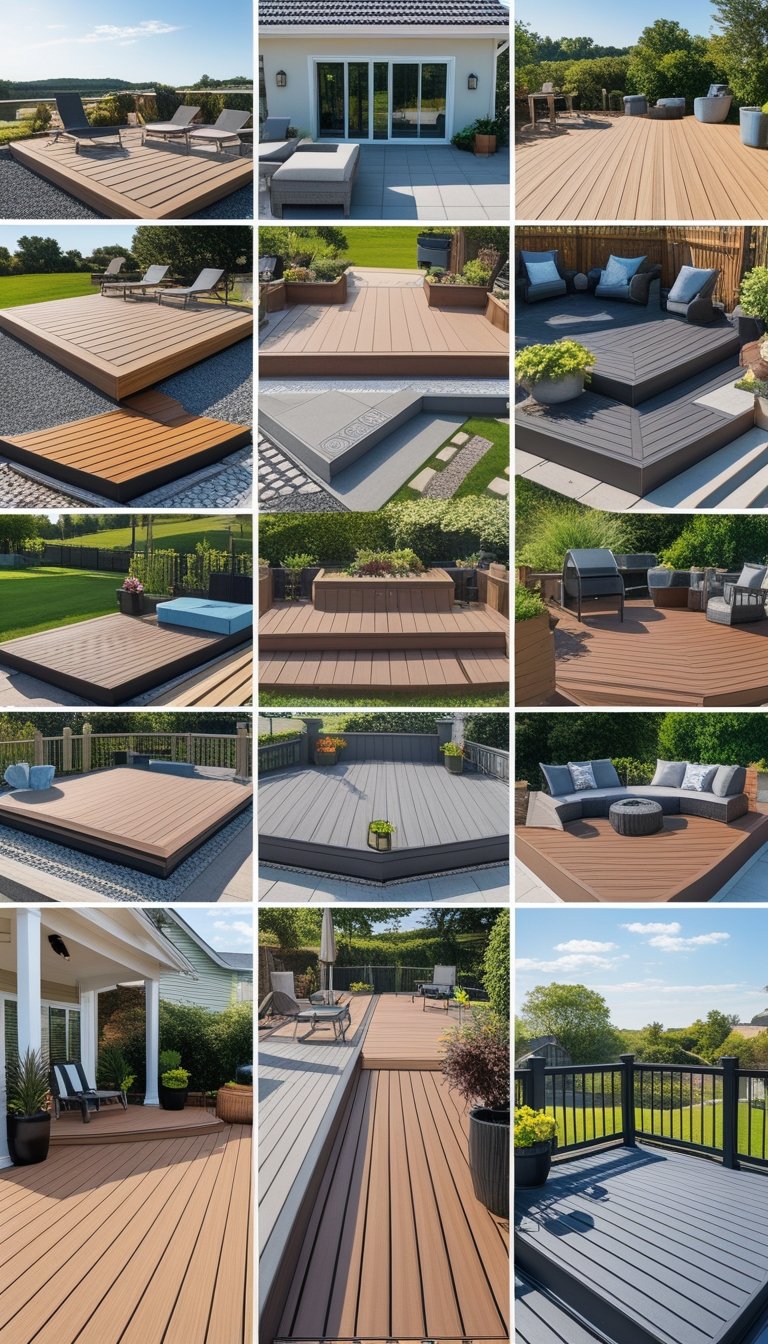 Outdoor scene displaying fifteen different composite deck designs with various colors and patterns, each shown as separate sections with outdoor furniture and plants.