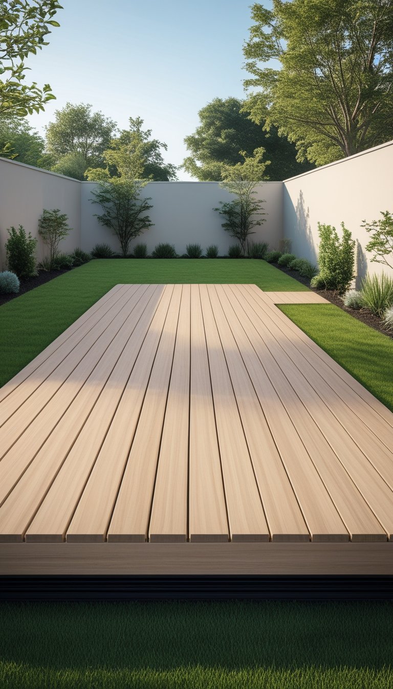 A rectangular floating wooden deck in a backyard with green grass, plants, and trees under a clear blue sky.