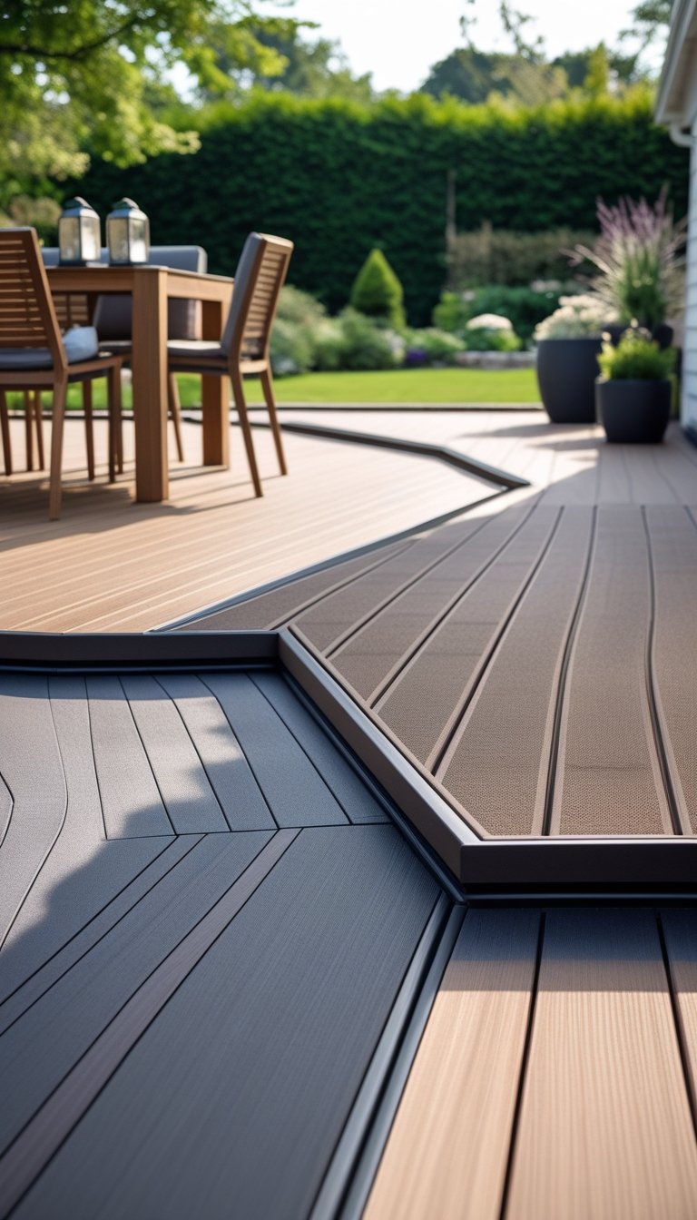 Outdoor deck with two-tone composite decking borders, modern furniture, and greenery in the background.