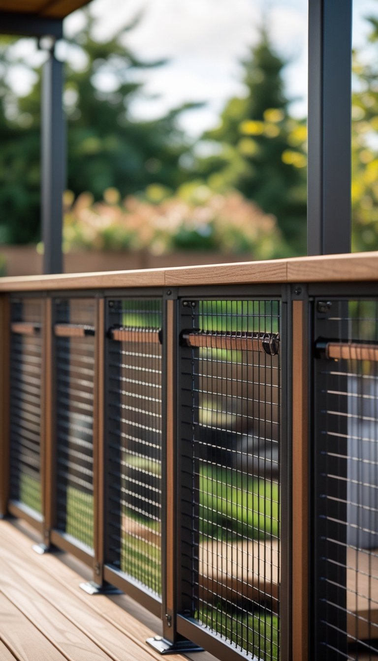 Outdoor deck railing with metal wire mesh panels and vertical wooden slats overlooking a garden.