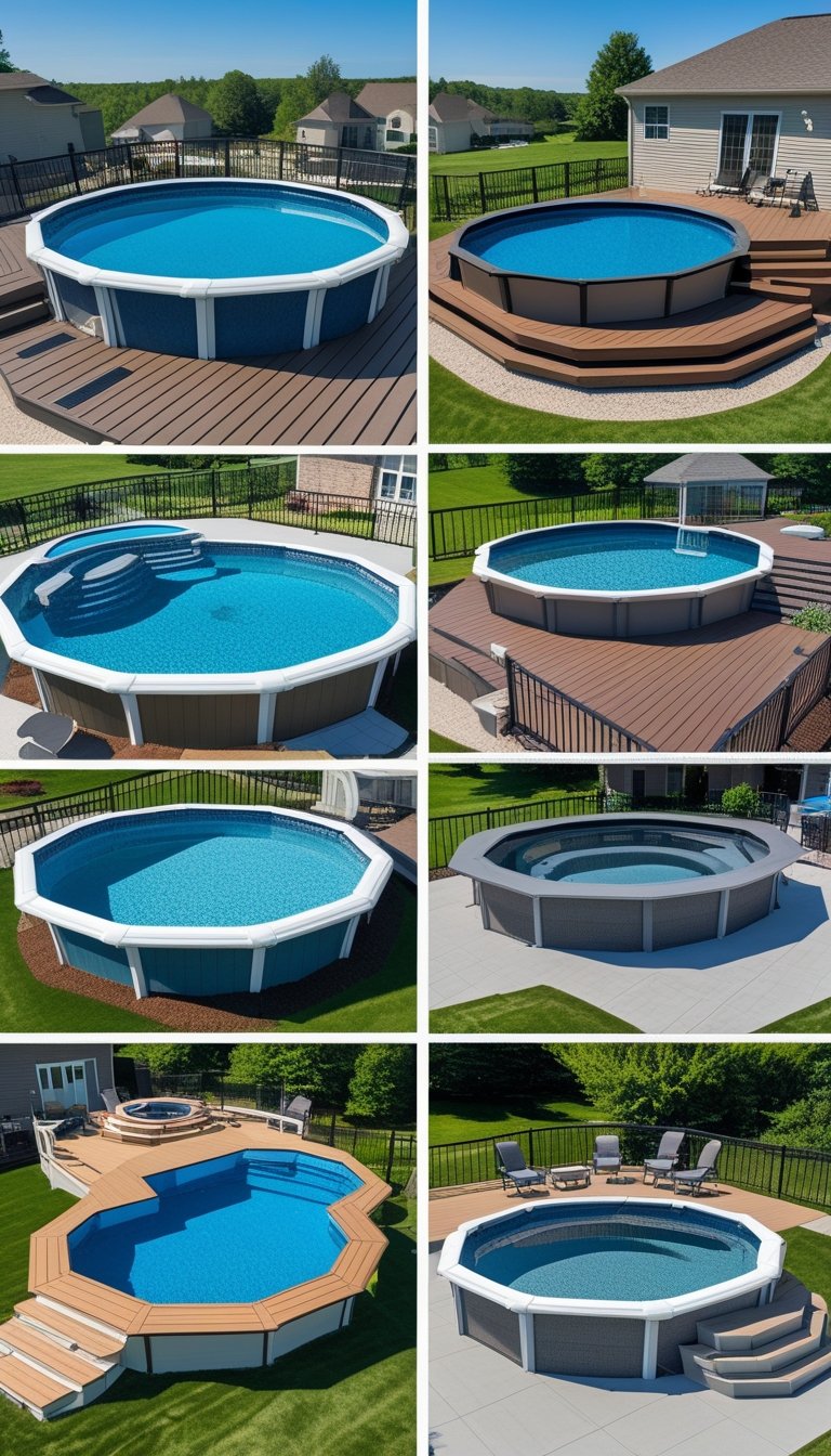 Multiple above ground pools surrounded by composite decks made from weather-resistant materials in a sunny outdoor setting with green landscaping.