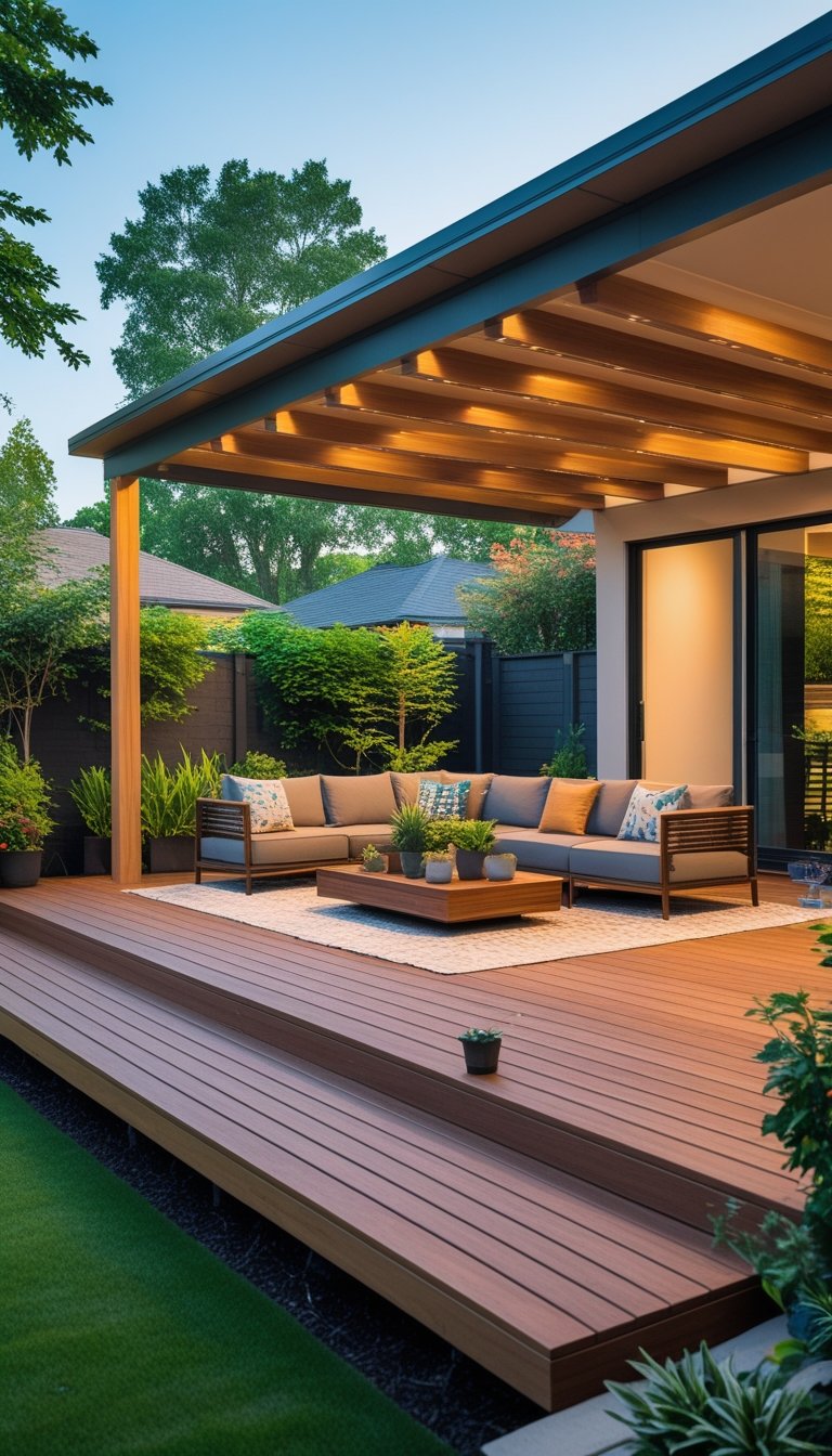 A backyard with a floating wooden deck and an integrated pergola surrounded by plants and outdoor furniture.