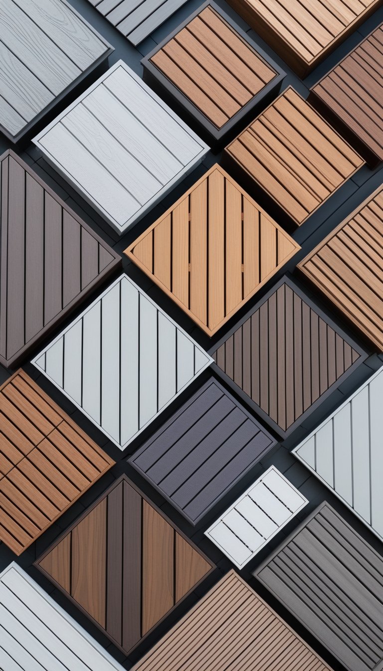 A variety of composite deck sections arranged in geometric patterns with different colors and textures.