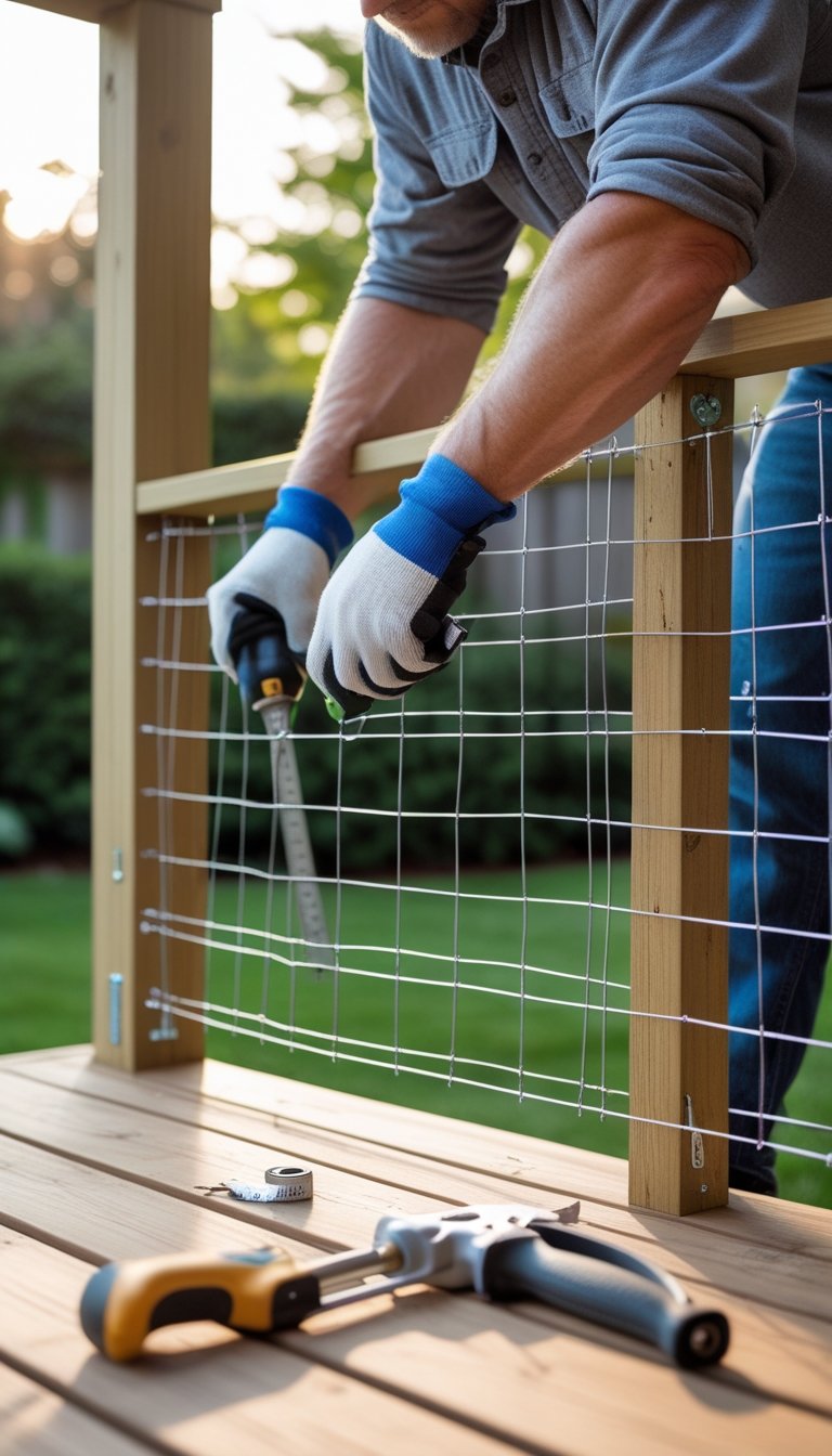 Person installing hog wire deck railings on a wooden deck outdoors with tools nearby.