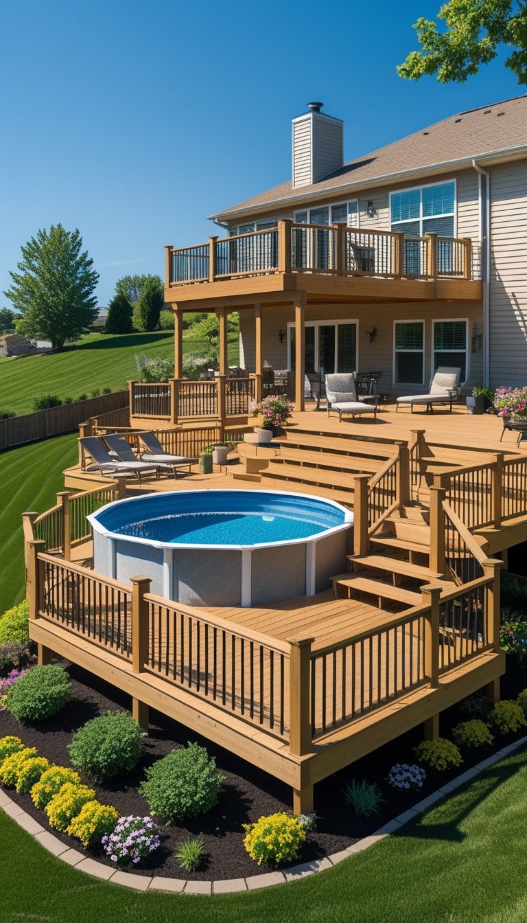 A multi-level wooden deck built on a sloped yard with an above ground pool and surrounding lounge chairs.