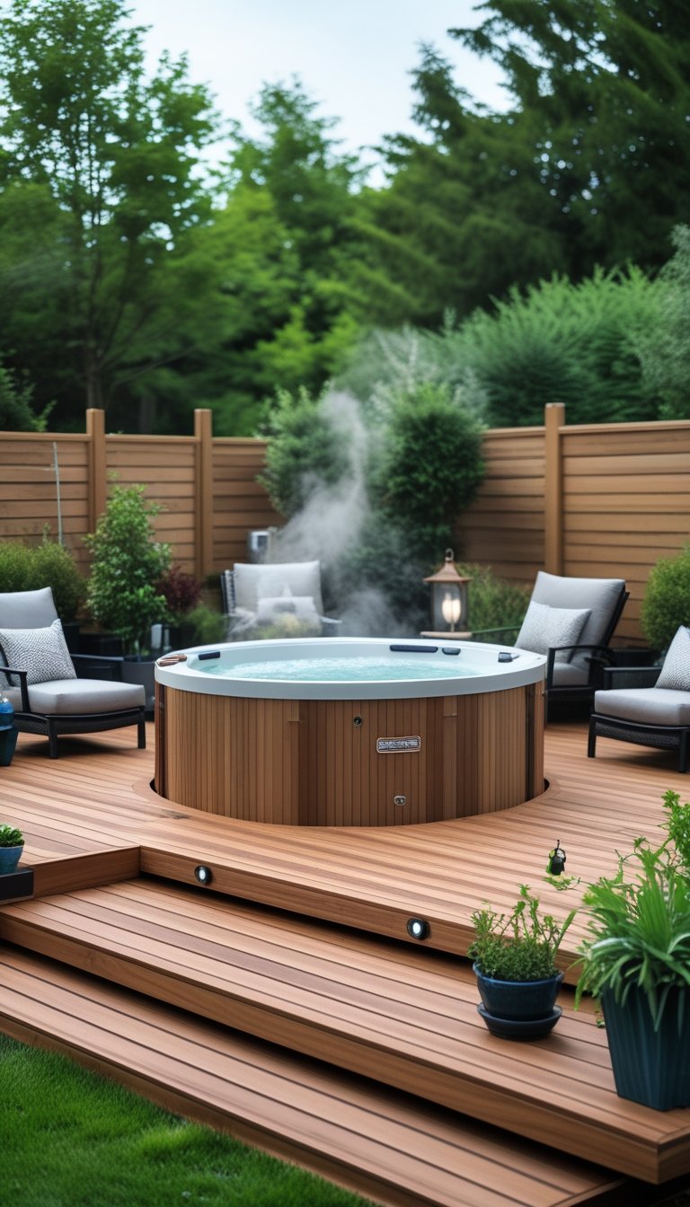 A backyard floating wooden deck surrounding a circular hot tub with lounge chairs and plants in a garden setting.