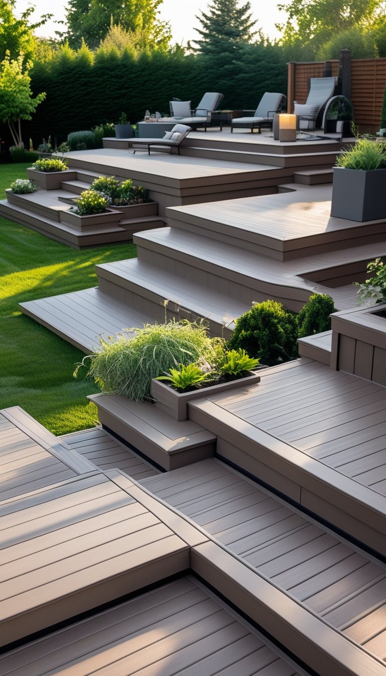 A backyard with multiple interconnected composite decks featuring outdoor furniture, plants, and lighting surrounded by a green garden.