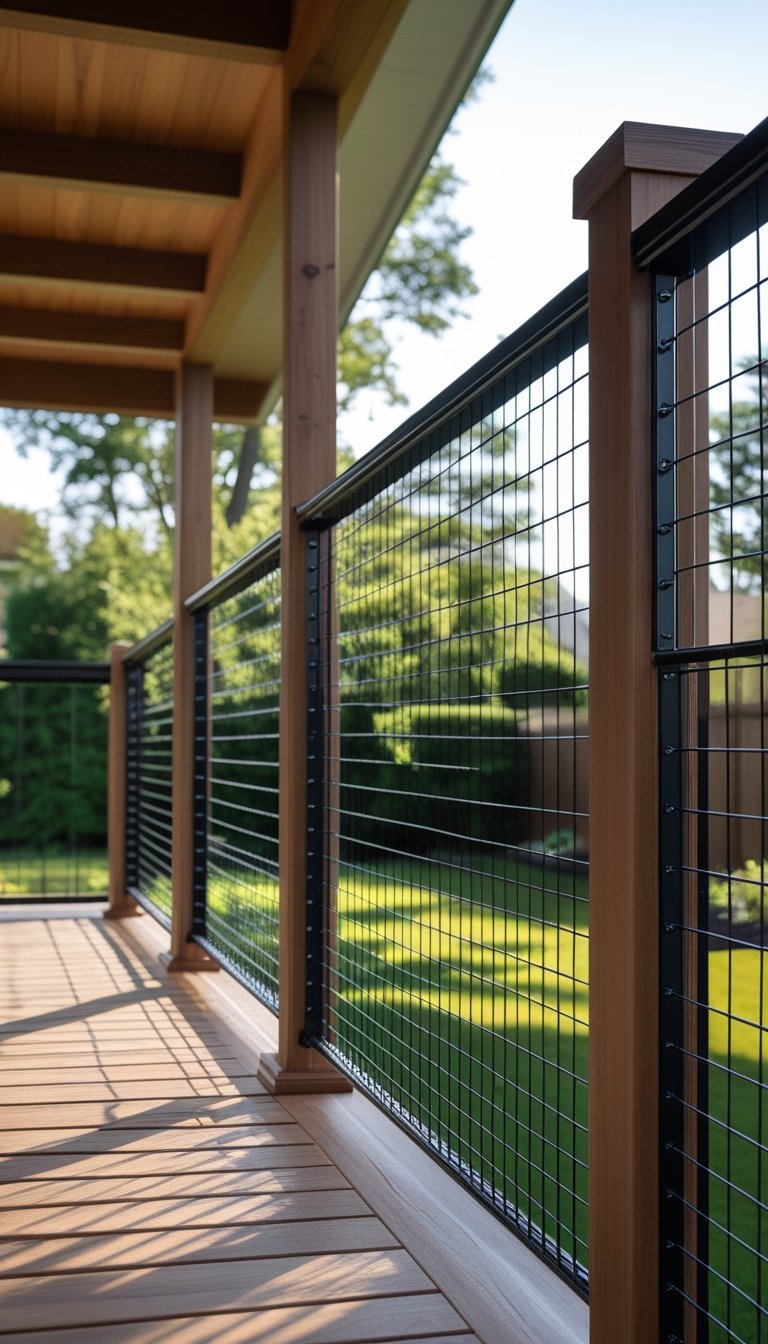 Outdoor deck with wooden posts and black metal wire railing overlooking a green backyard.