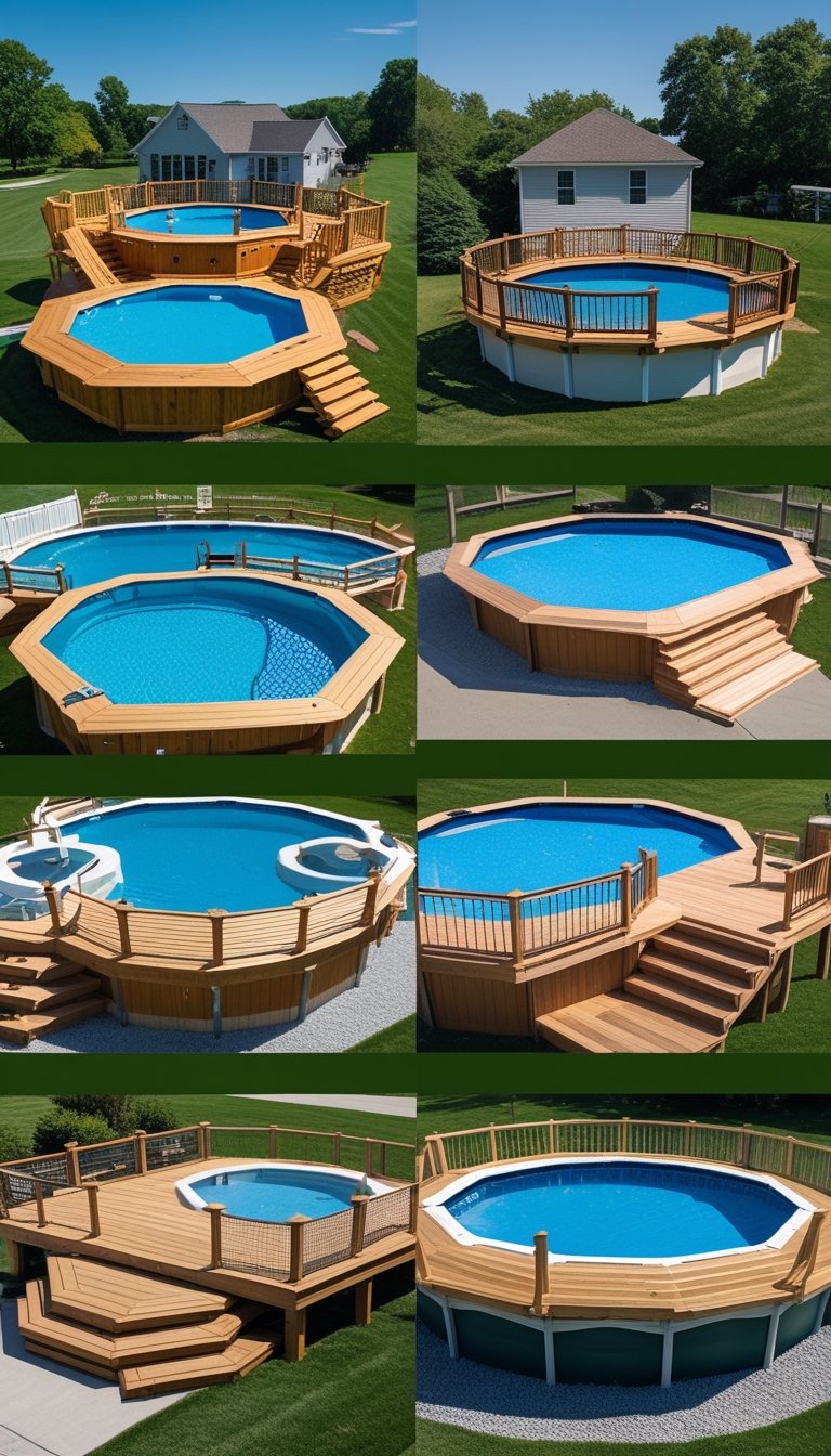 Multiple above ground pools surrounded by wooden decks with safety railings set outdoors on a sunny day.