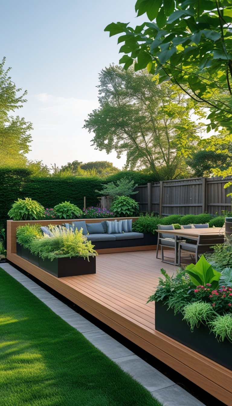 A backyard with a floating wooden deck bordered by planter boxes filled with plants and flowers.