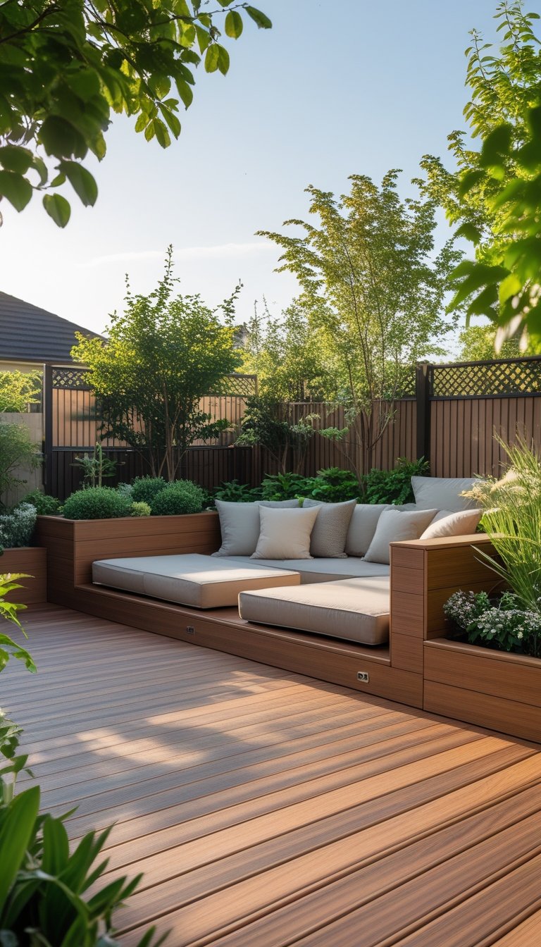 Outdoor composite deck with integrated built-in seating surrounded by greenery and cushions.