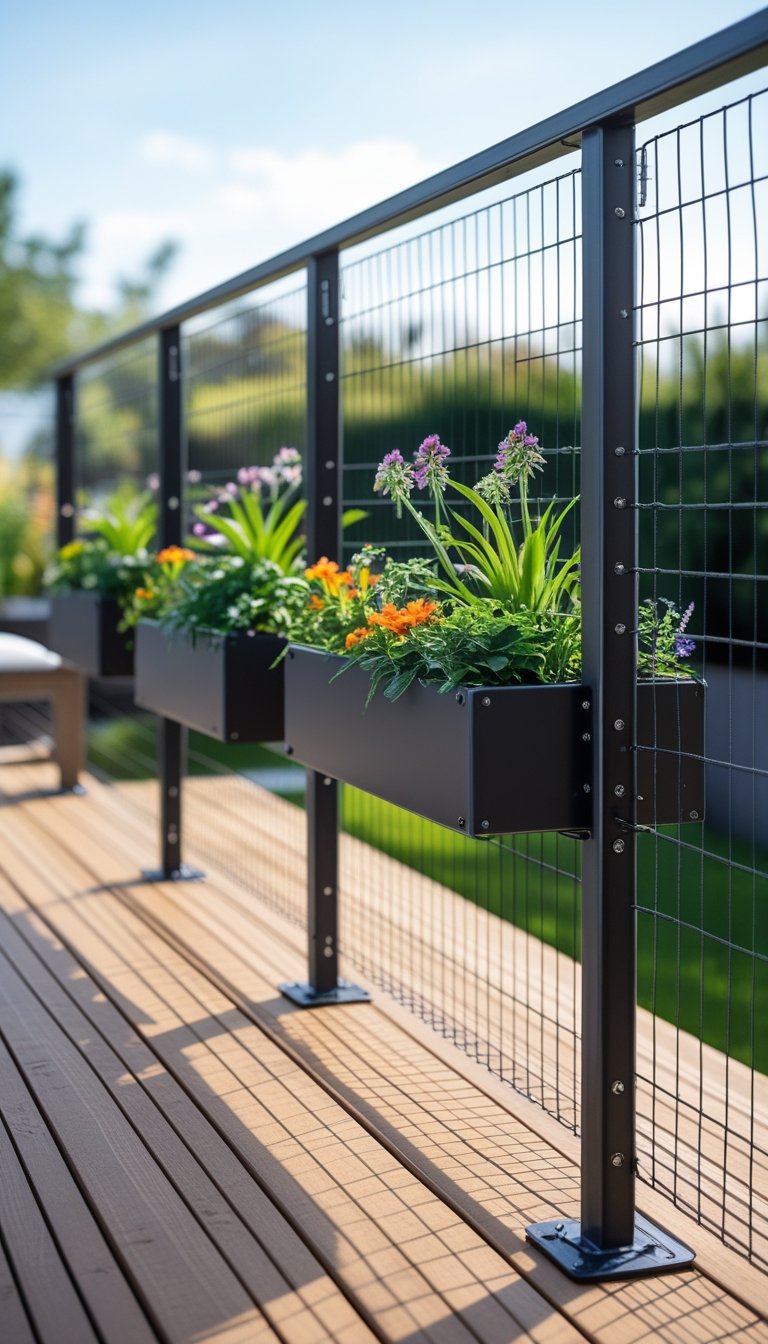 Outdoor deck with metal wire railing and planter boxes filled with green plants and flowers.