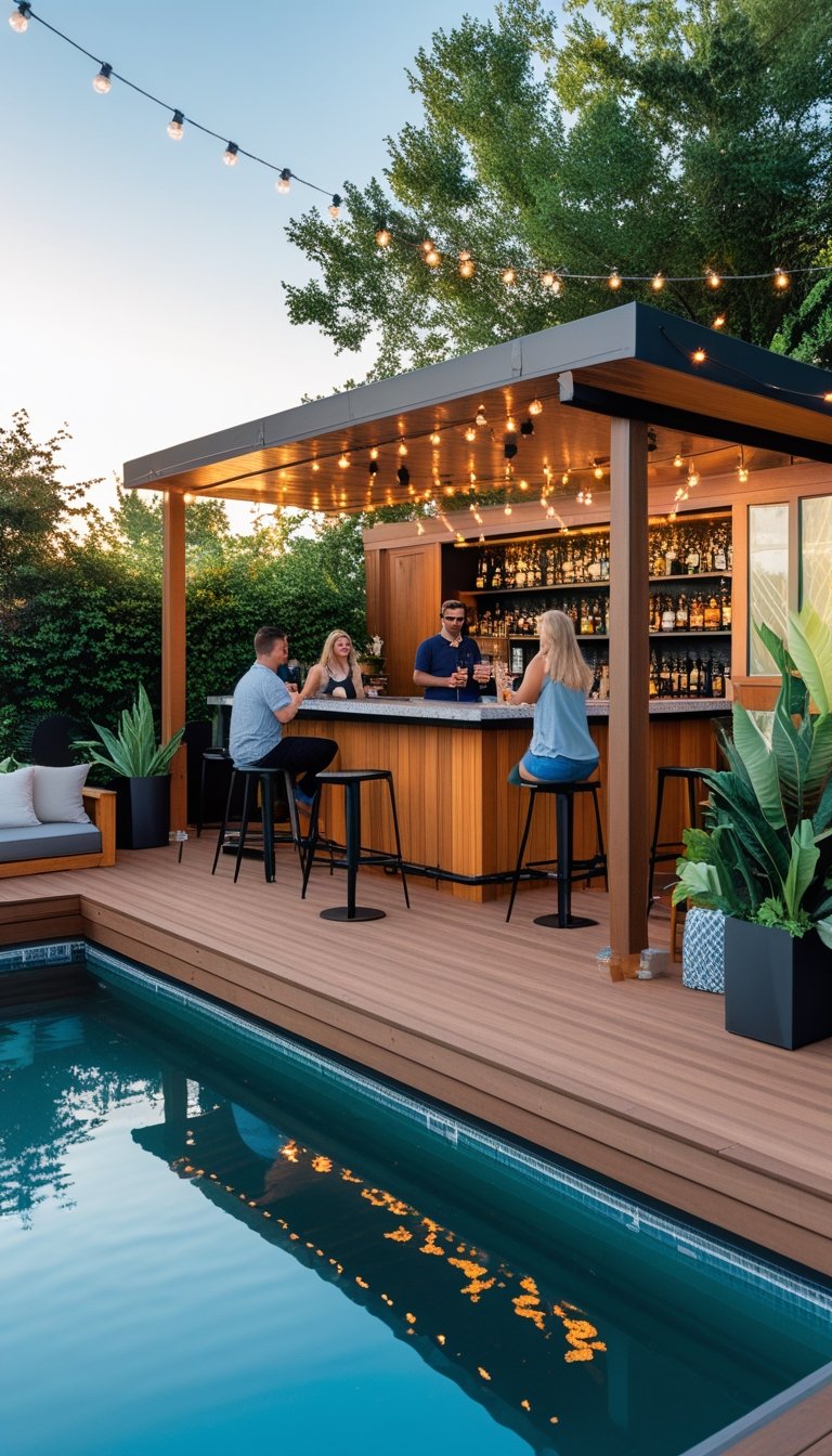 An above ground pool next to a wooden deck with bar counters, stools, plants, and people enjoying drinks outdoors.
