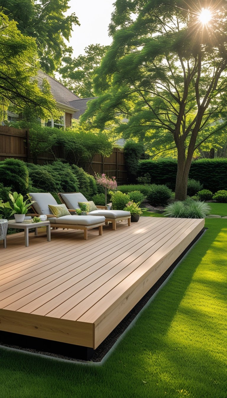 An L-shaped wooden floating deck in the corner of a backyard surrounded by grass, trees, and outdoor furniture.