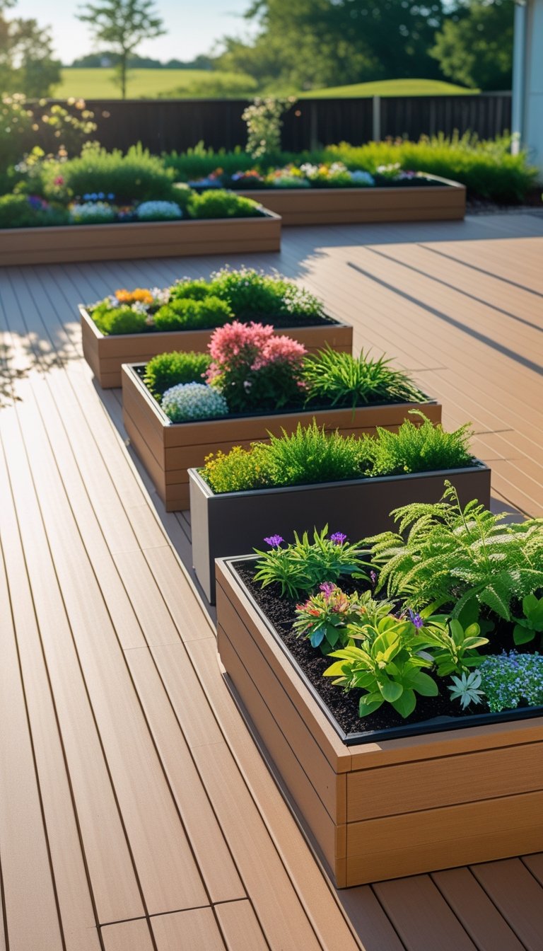 Outdoor composite deck with built-in planter boxes filled with green plants and flowers, surrounded by a garden under a clear sky.