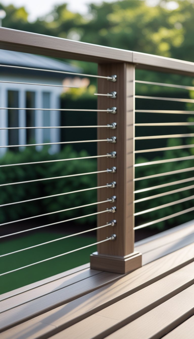 Close-up of a deck railing with evenly spaced horizontal wires and wooden posts overlooking a green backyard.