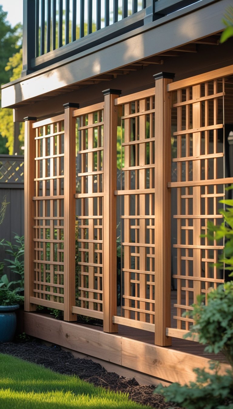 Wooden lattice panels installed under a deck creating a privacy screen in a backyard with grass and plants.