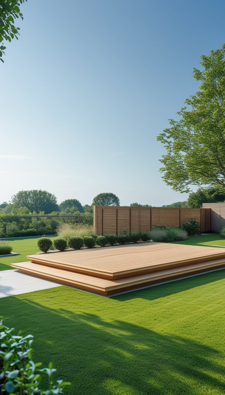 A freestanding wooden deck connected to an open green lawn in a backyard with trees in the background.
