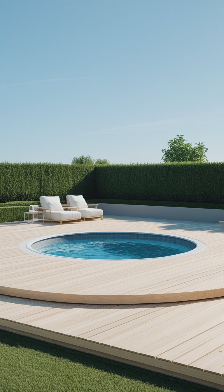 An above ground pool with a wooden deck, lounge chairs, and greenery under a clear sky.