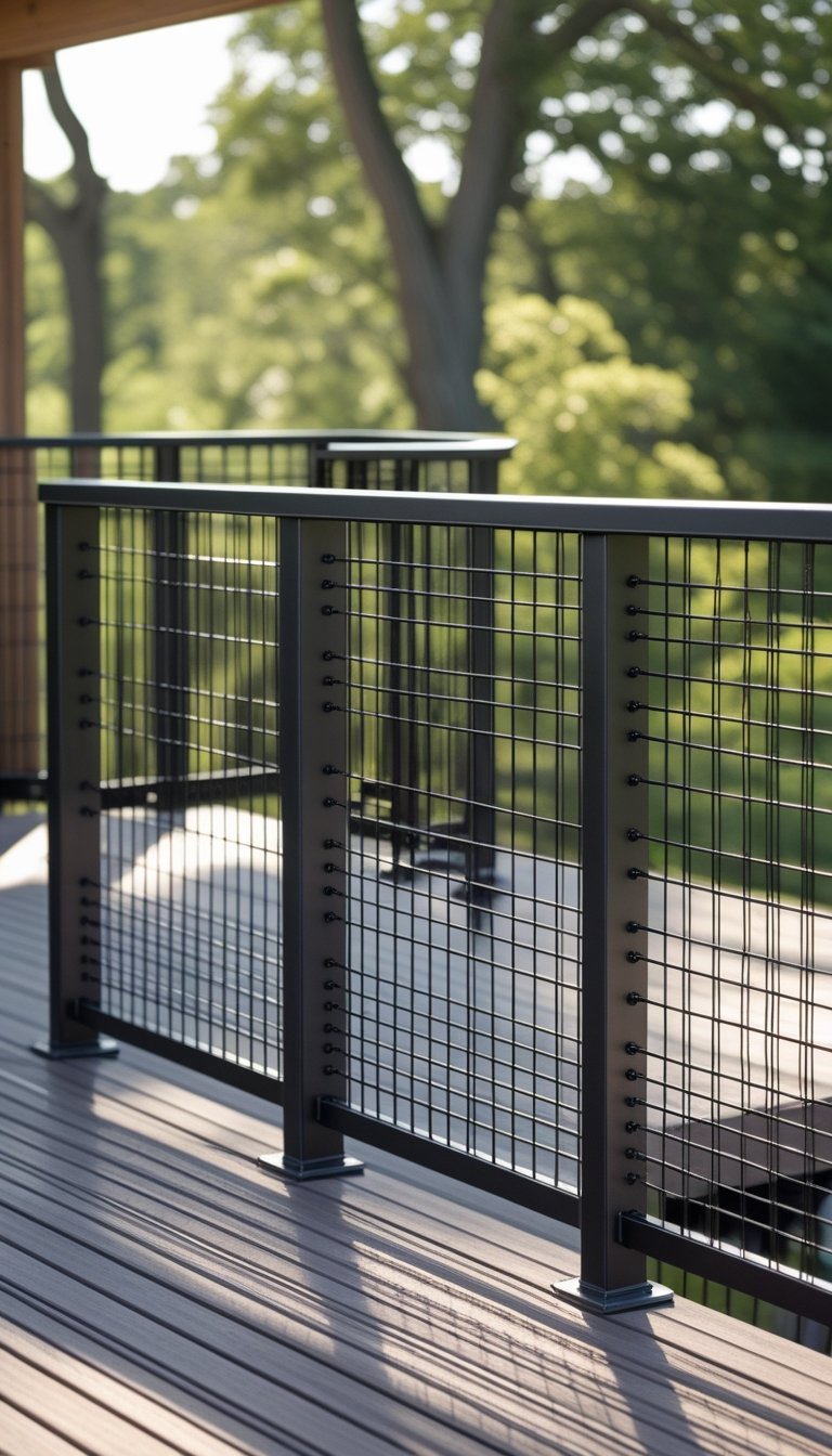 An outdoor wooden deck with multiple powder coated wire panel railings surrounded by greenery.