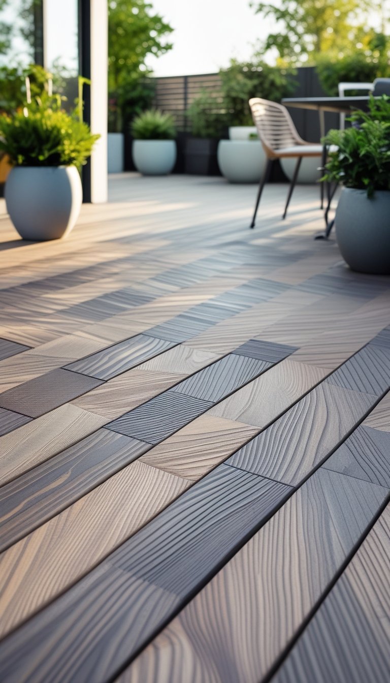Close-up view of a modern outdoor deck with a herringbone pattern made of composite wood, surrounded by outdoor furniture and plants.