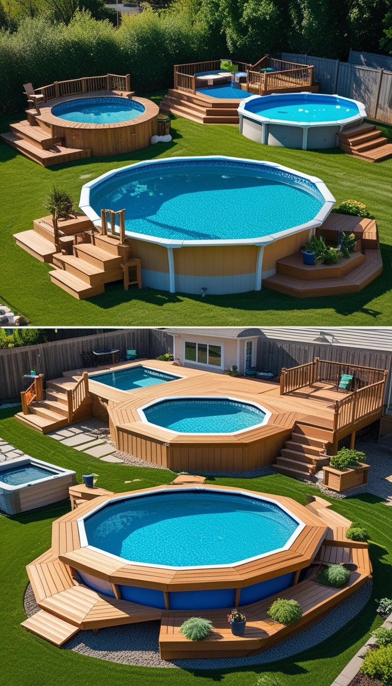 Several above ground pools in a sunny backyard, each surrounded by different wooden decks with stairs and seating areas.