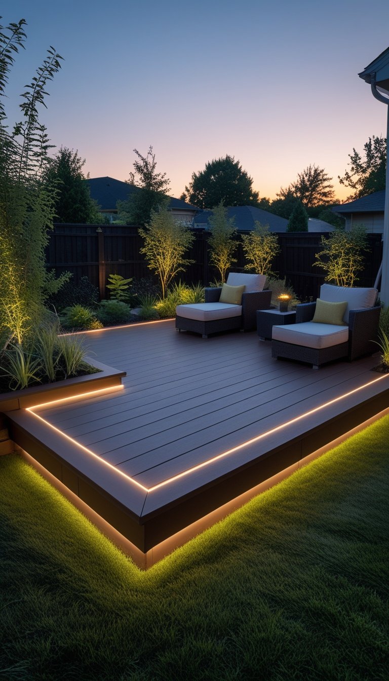 A backyard floating wooden deck with built-in LED lighting surrounded by grass and garden plants at dusk.
