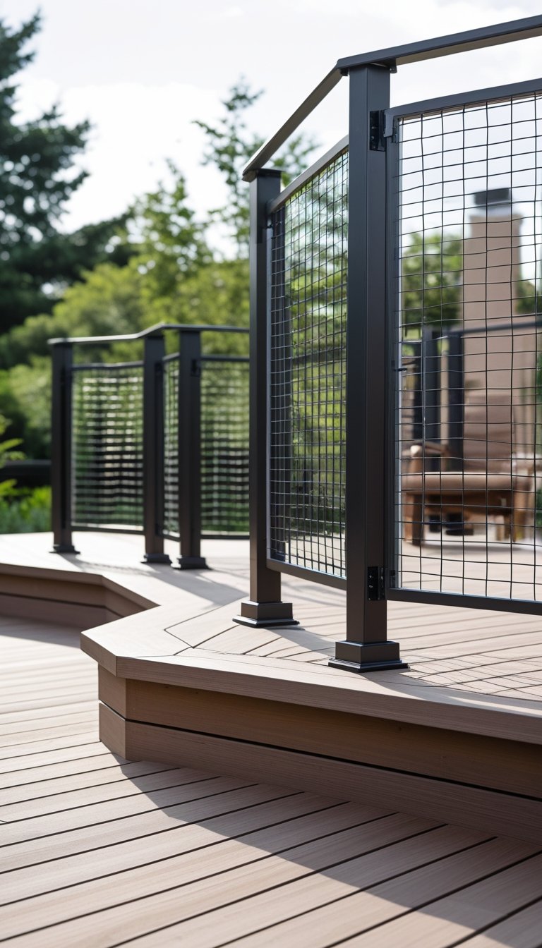 An outdoor deck with custom-sized hog wire railing panels arranged around unique deck shapes, surrounded by trees.