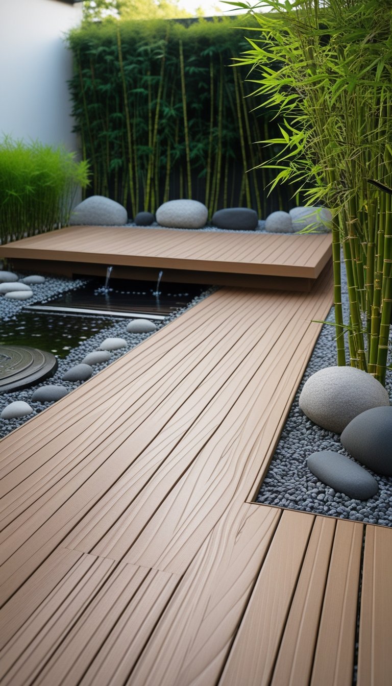 A peaceful outdoor deck with wooden planks, stones, bamboo plants, and a small water feature under soft natural light.