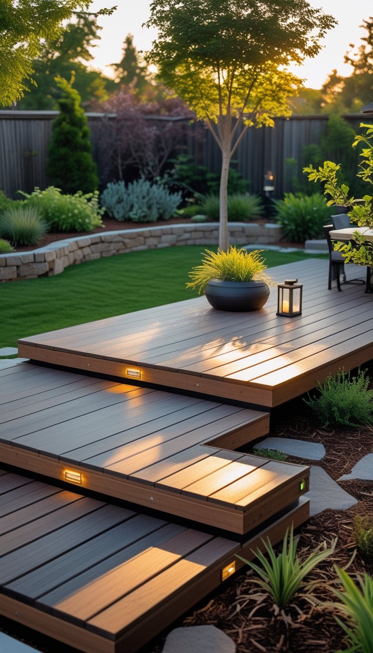 A backyard with a floating deck made of sustainable wood surrounded by green plants and outdoor furniture.