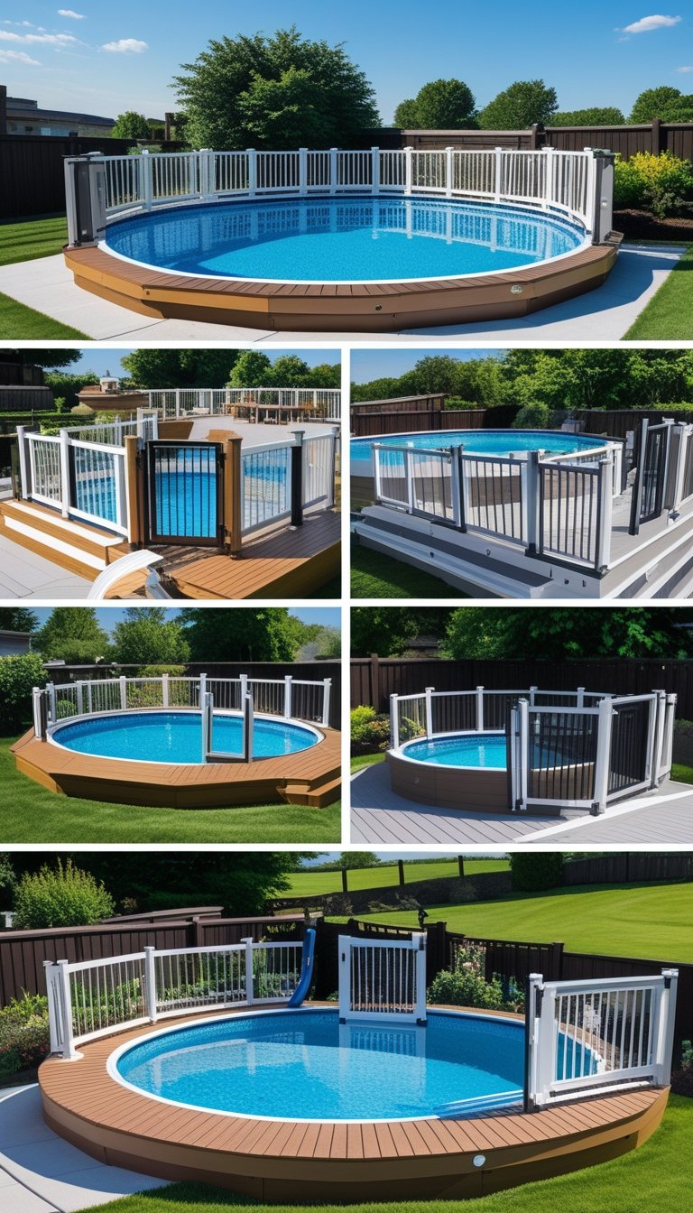 Multiple above ground pools surrounded by secure wooden decks with built-in safety gates in a sunny backyard setting.