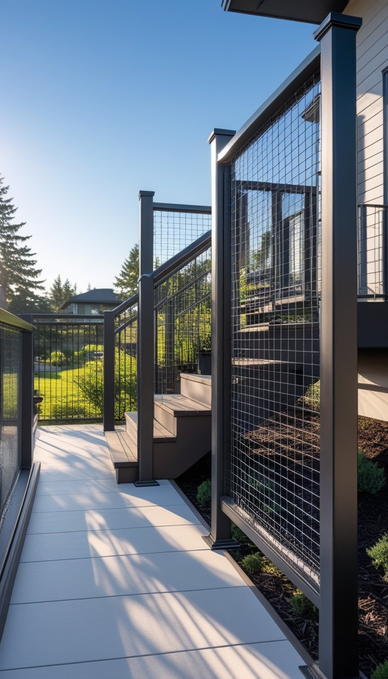 Outdoor staircase with hog wire panels used as deck railings surrounded by greenery and a modern house exterior.