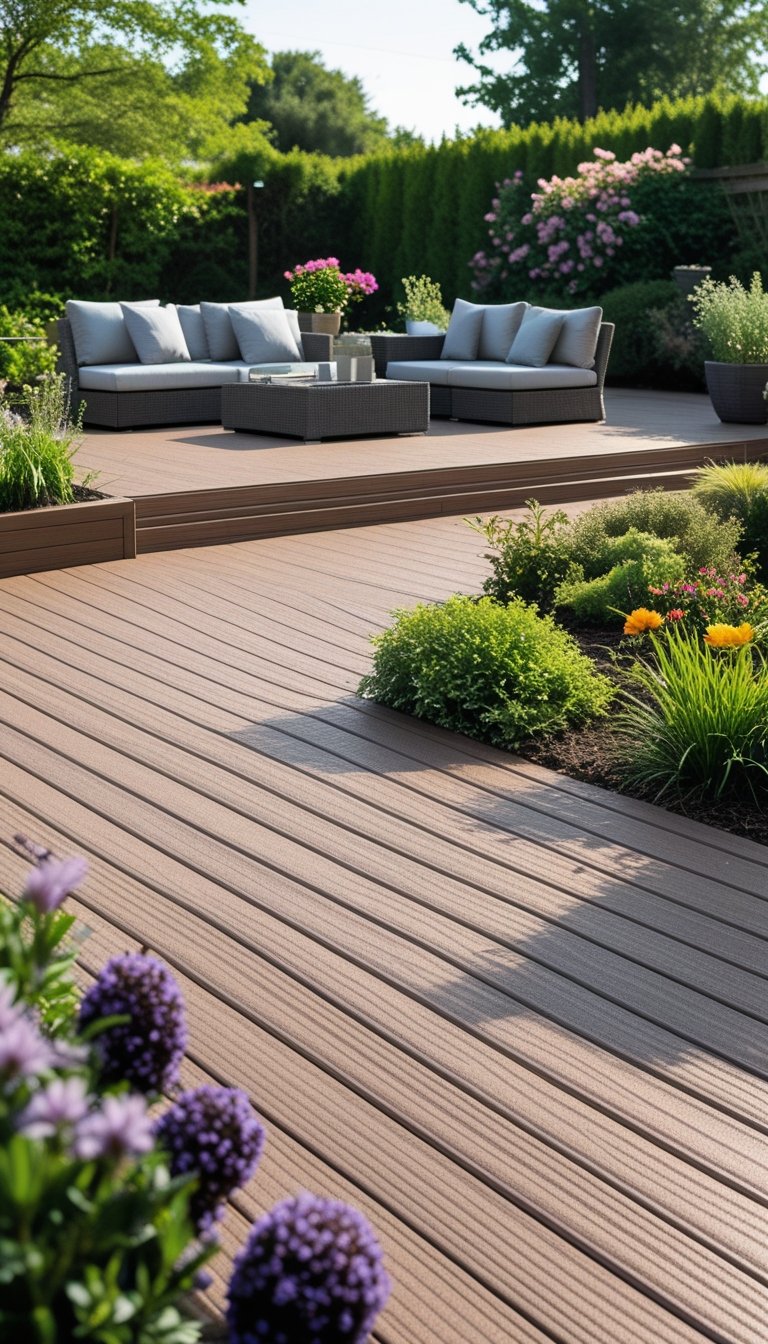 Outdoor deck with wood-look composite boards, comfortable seating, and surrounding garden plants.