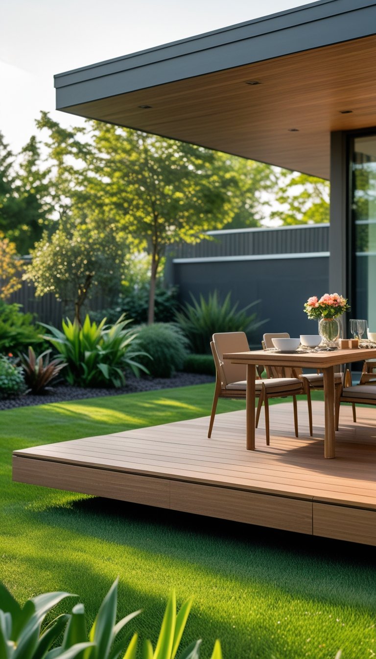 A backyard with a floating wooden deck featuring an outdoor dining table and chairs surrounded by grass and garden plants.