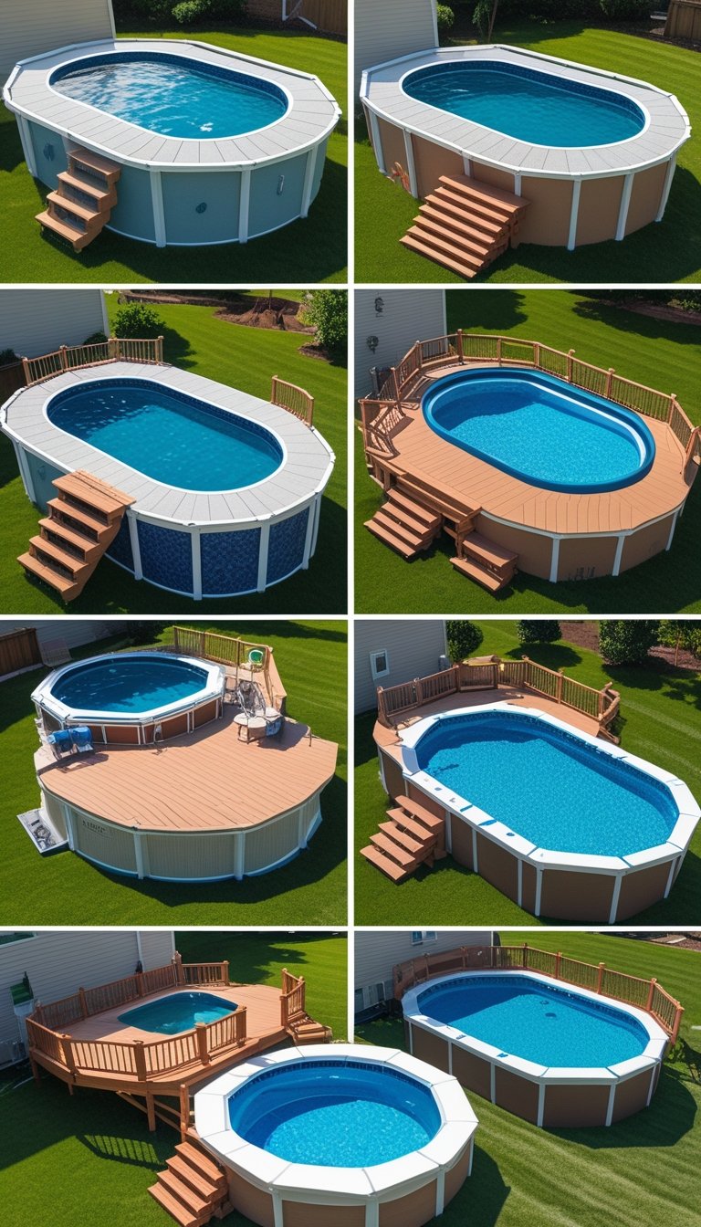 Multiple oval above ground pools with various adjustable wooden decks in a sunny backyard setting.