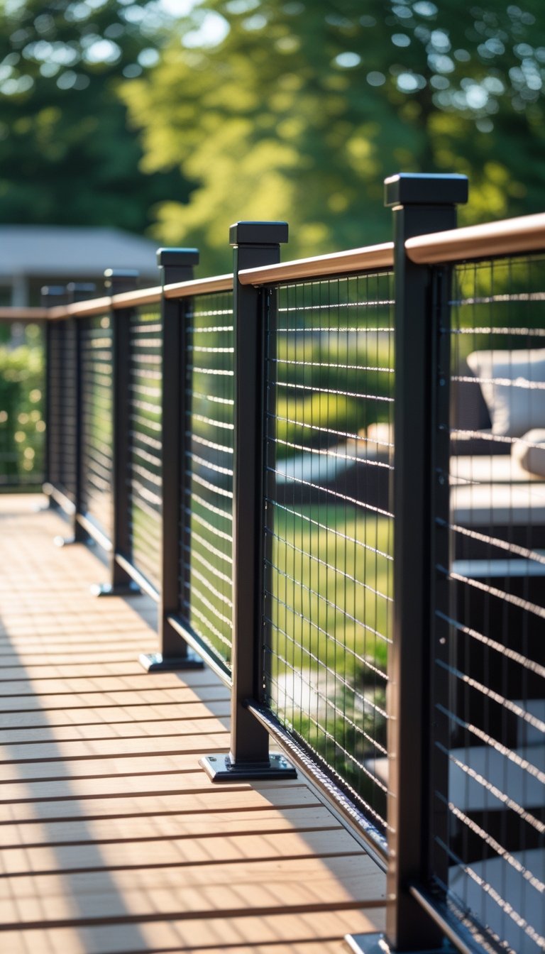 A wooden deck with metal posts and hog wire railing overlooking a green backyard garden.