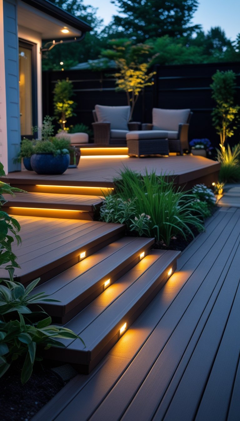 Outdoor composite deck stairs with built-in lighting surrounded by plants and a patio area.